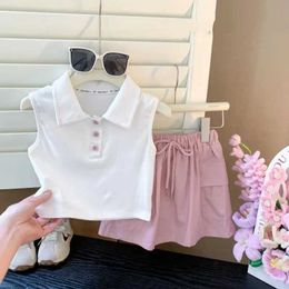 Sets de ropa Baby Girl Girls Link Sweet Clothing Set para niños Casco Capele de manga corta Top Outfit Summer New Children Comforts Fashion Sportswear 2-8y H240423