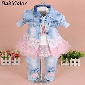 Ensembles de vêtements Bébé filles denim 3pcs ensembles de vêtements automne enfant mode manteau hauts pantalons survêtements printemps enfants tenues décontractées 231211