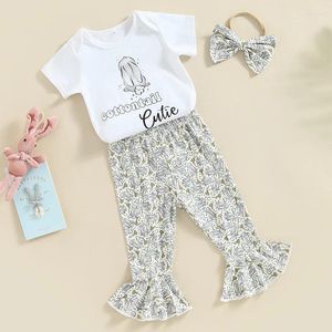 Ensembles de vêtements pour bébés filles Pâques réglés par lettres à manches courtes avec un pantalon évasé et un bandeau à bowknot 0-24 mois