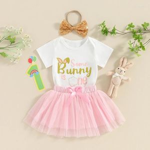 Ensembles de vêtements pour bébés filles, jupe de pâques, manches courtes, lettre imprimée lapin, bandeau en tulle