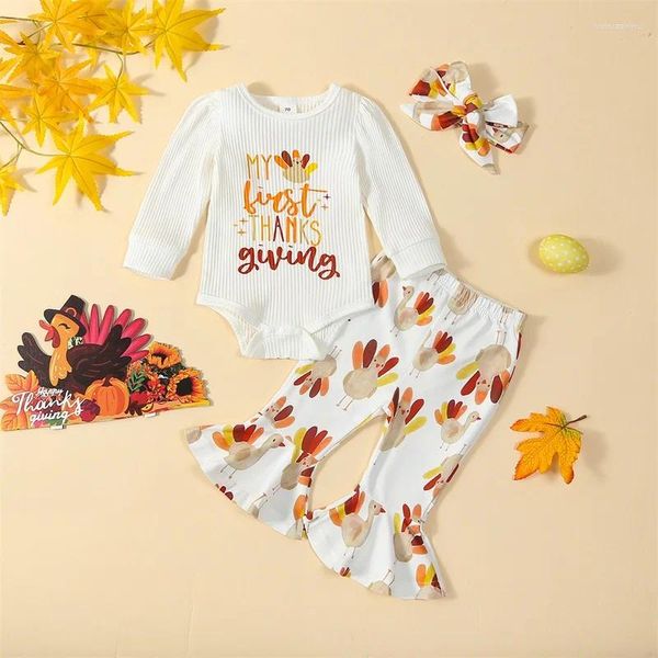 Ensembles de vêtements pour bébés filles automne, lettres à manches longues Romper imprimer avec un pantalon de poussière de dinde et des vêtements de Thanksgiving en bande