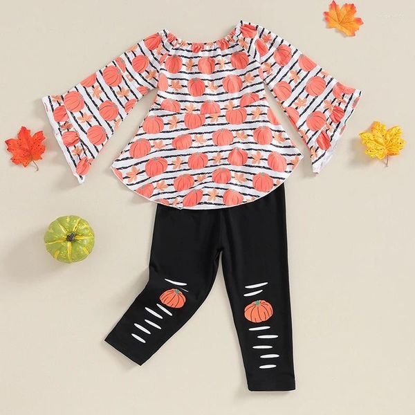 Conjuntos de ropa Baby Girl Girls Halloween atuendos para niños pequeños sudadera redonda de cuello redondo y pantalones acampanados con trajes para bebés de diadema