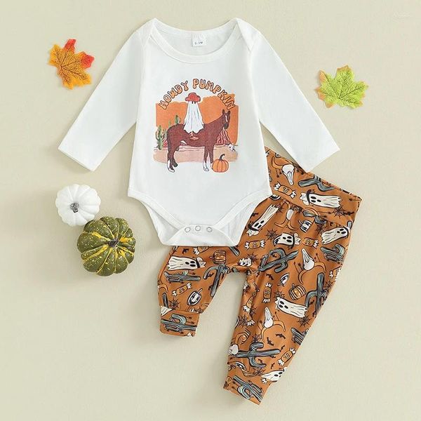 Conjuntos de ropa Bebés Niñas Pantalones de Halloween Blanco Manga larga Letra Caballo Estampado Mameluco Fantasma Calabaza