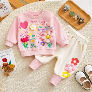 Kledingsets Baby Meisjes Hoodies 3D Bloemen Applicaties Roze Trui Sweatershirt Hoge Taille Jogger Broek 2 Stuks Kinderpakken 231214