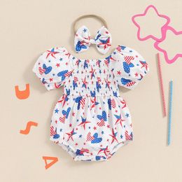 Conjuntos de ropa Baby Girl Girls Independence Day Romper Camino de manga corta Termina de mariposa/corazón Estampado con diadema 2 piezas ubicadas para 0-18 meses