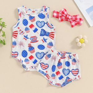 Ensembles de vêtements pour bébés filles, tenues du jour de l'indépendance, sans manches, col rond, motif de dessin animé imprimé, barboteuse et short