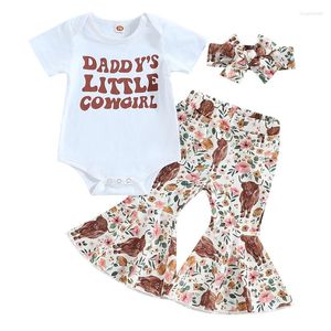 Ensembles de vêtements pour bébés filles, combinaisons d'été, lettres imprimées, barboteuse à manches courtes et pantalons évasés floraux décontractés, bandeau