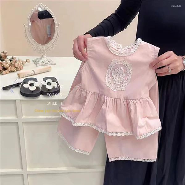 Conjuntos de ropa para niñas Bordado de encaje Camisetas de flores Pantalones 2 PPC Summer Children Cloth Sweet Sweet Laciness Traje de chaleco sin mangas