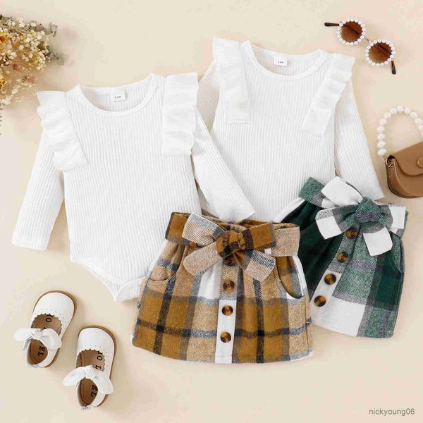 Conjuntos de ropa para niñas pequeñas, mono con volantes de manga larga de Color sólido y falda a cuadros con cinturón, conjunto para recién nacidos