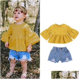 Ensembles de vêtements Baby Girls Tenues Jaune Flare Sleeve Topsaddhole Denim Shorts 2pcs / Set Boutique de mode d'été enfants B11 Drop Delivery Dhnpx