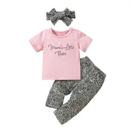 Conjuntos de ropa Pantalones para niñas Baby Letters Impreso Camiseta de cuello de manga corta con leopardo y banda para el cabello