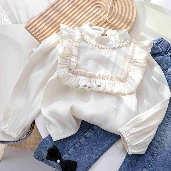 Conjuntos de ropa Baby Girls Princess Blusa Primavera Otoño Niños Camisas blancas para niños pequeños Perlas Manga larga Jersey Niños Ruffle Tops Ropa