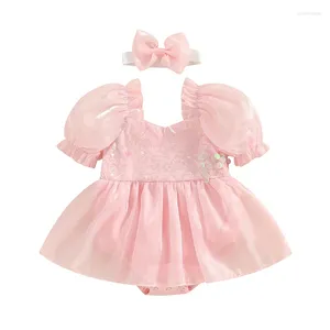 Ensembles de vêtements bébé filles barboteuse robe tenues manches bouffantes maille couches Tutu body princesse avec bandeau ensemble