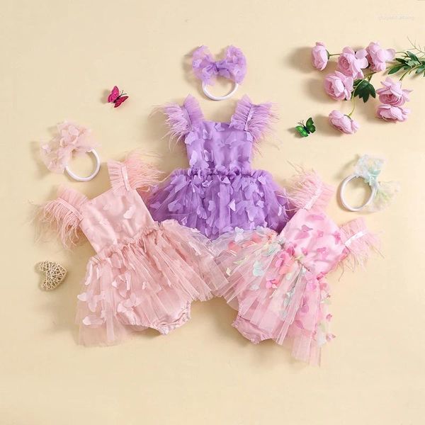 Juntos de ropa para niñas Baby Drompers Vestida Manga de plumas 3D Butterfly Mesh Falda de tul Biratriz de los cardias del dobladillo Continua de verano con diadema