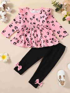 Clothing Sets Baby Girls Set Long Sleeve Ruffle Top Elastic Waist Pants 2pcs Leopard Print Bow Decor Comfortable Kids Clothes Fall Winter