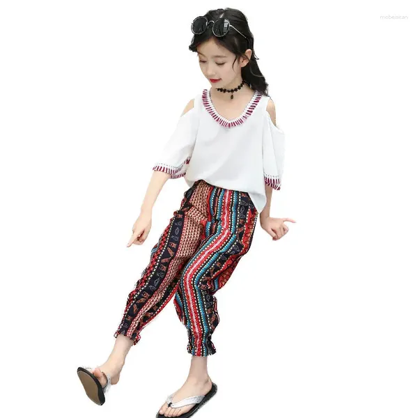 Ensembles de vêtements Baby Girls Set Vintage Bohemian Style 2023 Summer Enfants Blouse à épaules dénudées Top Pantalon 2PCS Tenues cool 4 à 13 ans