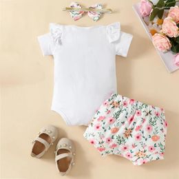 Ensembles de vêtements pour bébés filles, ensemble de shorts, imprimé floral, barboteuse à manches courtes et bandeau, tenue d'été