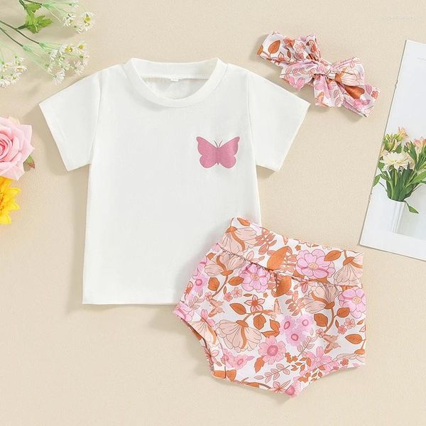 Juegos de ropa para niñas pantalones pantalones cortos de manga corta camiseta estampada de mariposa diadema de flores atuendo de verano
