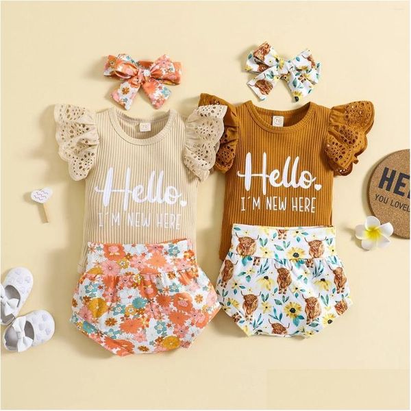 Ensembles de vêtements bébé filles shorts ensemble manches lettres barboteuse avec imprimé fleur / vache et bandeau livraison directe enfants maternité otkti