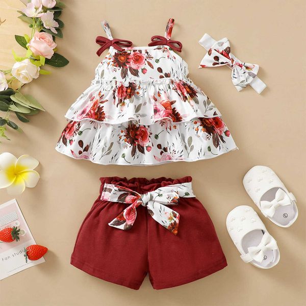 Ensembles de vêtements pour bébés filles, ensemble de shorts à bretelles, imprimé fraise/feuilles/fleurs, camisole, short à taille élastique et bandeau 0-24M