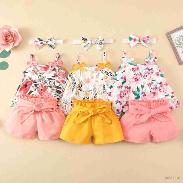 Ensembles de vêtements bébé filles shorts ensemble bretelles fraise/feuilles/fleur imprimé caraco taille élastique Shorts et bandeau 0-24M R230518