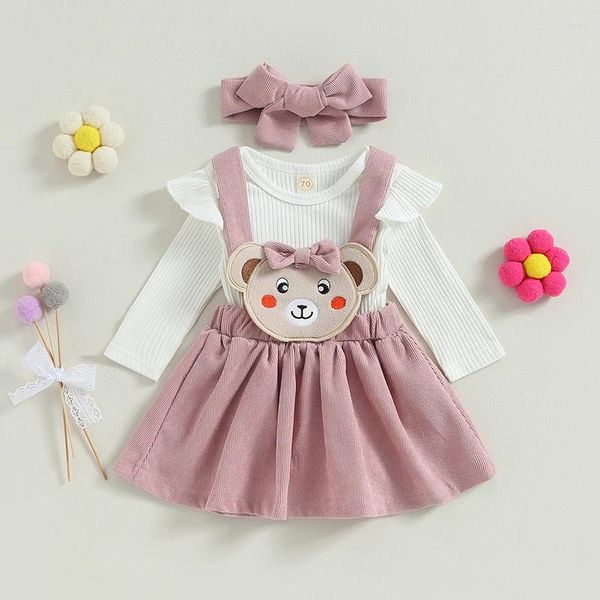 Juegos de ropa Baby Girls Falda Falda Manga larga Romper con color sólido con dibujos animados de diadema de la cabeza de reverencia