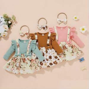  Conjuntos de ropa para niñas bebés Ropa de color sólido Conjunto de 3 piezas Summer Sweet Ruffle Tops de manga larga Floral Pritn Falda Diadema Niño Outf Dh1Vj