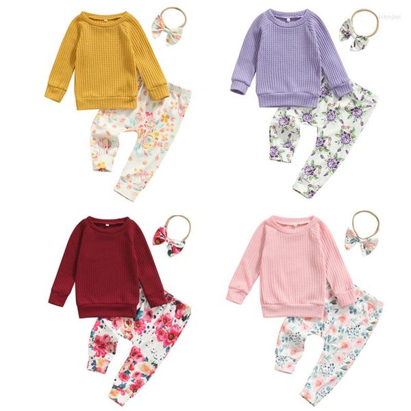 Sets de ropa Baby Girl Spring Fall 3pcs Ropa Juego de color sólido Cope de manga larga Tops de estampado floral Pantalones de estampado floral Diadema de nudo 0-24 meses