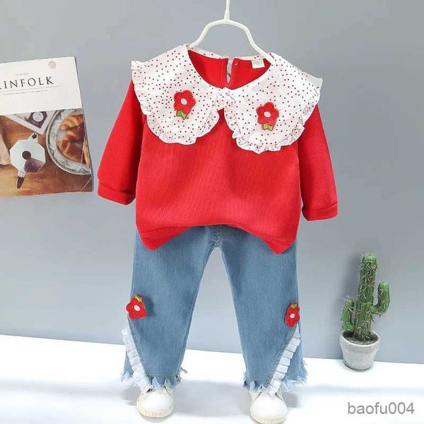 Ensembles de vêtements Bébés filles Printemps Nouveau coton Vêtement mignon style princesse revers dentelle haut + jeans 2pcs fleurs costume de vêtements décontractés 1-5 ans