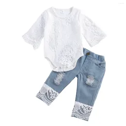 Kledingsets Babymeisjes Spring zomerkleding Set Lace Hollow Out lange mouw romper gescheurde patchwork jeans baby schattige 2 stks outfits
