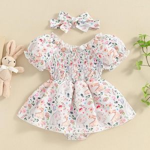 Ensembles de vêtements pour bébés filles, tenues de printemps et d'été, manches courtes, imprimé Floral, barboteuse smockée, bandeau, ensemble 2 pièces, vêtements de naissance