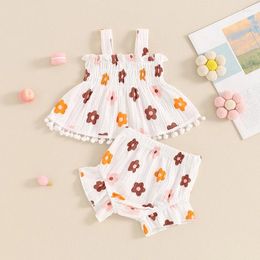 Kledingsets Babymeisjes Zomer 2 -delige outfits Bloemprint Camisole Vest Tops Elastische ruches shorts Set mode schattige kleding