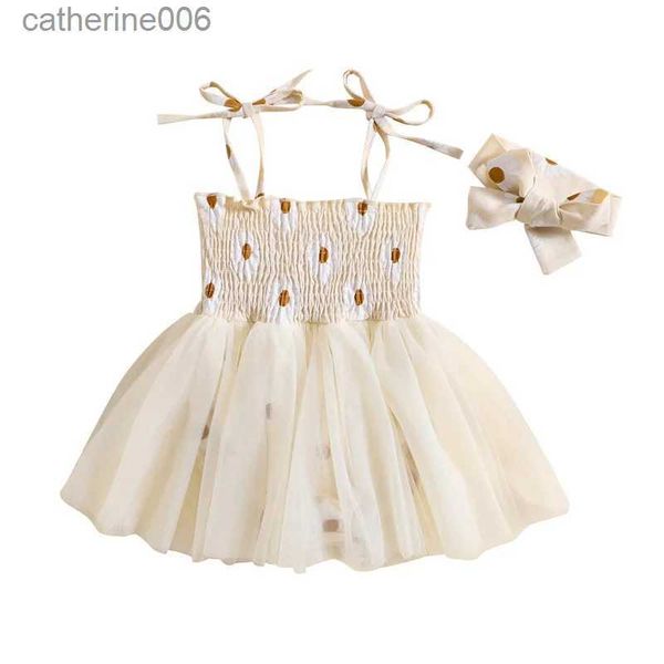 Ensembles de vêtements pour bébés filles, robe d'été décontractée, sans manches, imprimé marguerite, en Tulle, vêtements de princesse avec bandeau, L231202