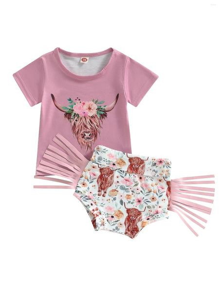 Ensembles de vêtements bébé filles été mignon Shorts ensemble à manches courtes tête de vache T-shirt avec taille élastique imprimé fleur