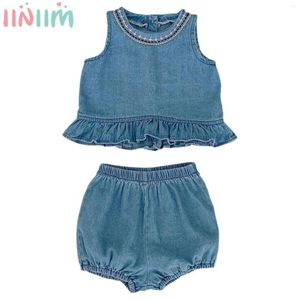 Kledingsets Babymeisjes Zomer Fashion Casual denim Outfit Mouwloze ruches Vest Top met Bloomers Daily School Party Beach Vacation