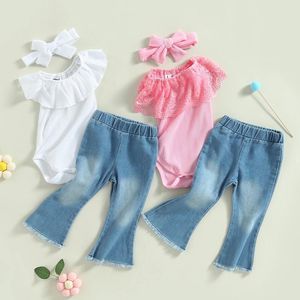 Ensembles de vêtements pour bébés filles, combinaisons d'été, manches volantes côtelées, barboteuse et pantalon évasé en denim extensible décontracté, bandeau