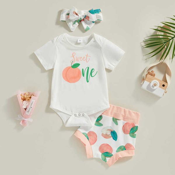 Ensembles de vêtements pour bébés filles, tenue d'été blanche, barboteuse à manches courtes + short imprimé pêche + bandeau