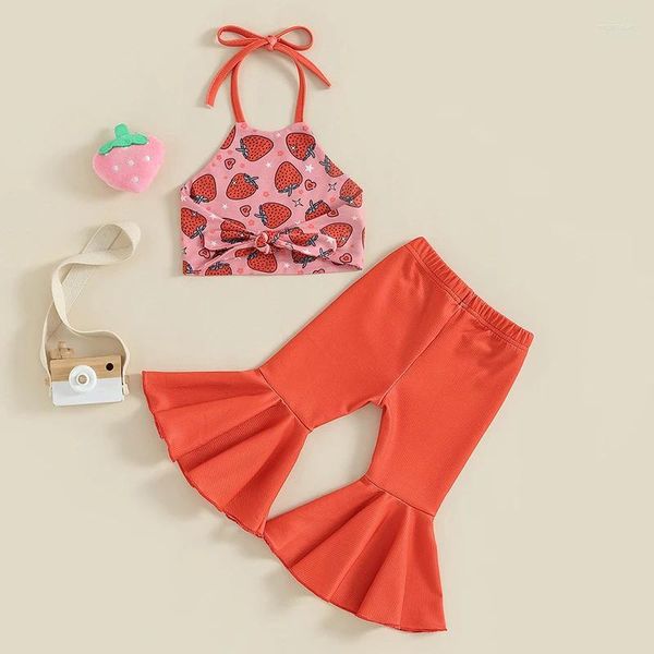 Conjuntos de ropa Traje de verano para niñas pequeñas Chaleco con estampado de fresa y cuello halter con pantalones acampanados de 2 piezas