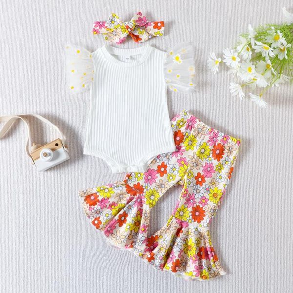 Ensembles de vêtements pour bébés filles, tenue d'été, manches en maille blanche, barboteuse à col rond, pantalon évasé à fleurs, costume bandeau