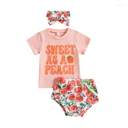 Ensembles de vêtements pour bébés filles, tenues d'été, t-shirt à manches courtes et short élastique pêche, ensemble bandeau
