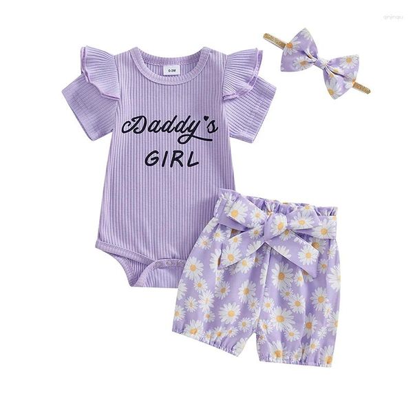 Conjuntos de ropa Baby Girl Girl Summer Outfits Letting Manga Short Manga Romper con pantalones cortos con cinturón y banda para diadema 3 PCS Set