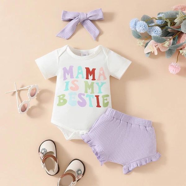 Sets de ropa Baby Girl Girl Summer Trajes impreso Romper de manga corta y pantalones cortos acanalados con volantes Linda diadema de 3 piezas ropa