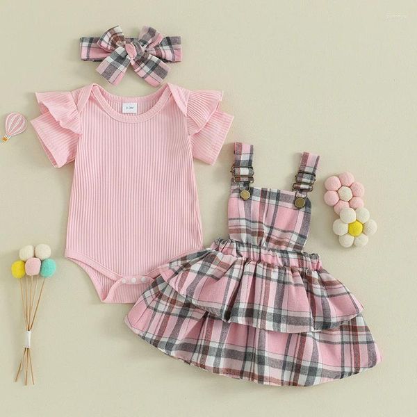 Conjuntos de ropa Trajes de verano para niñas, mamelucos de manga corta de punto acanalado de Color sólido, faldas con tirantes a cuadros, diadema, conjunto de ropa de 3 uds.