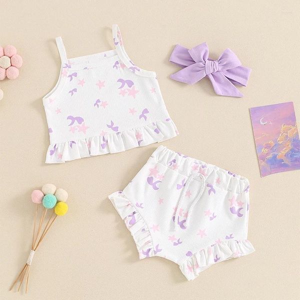 Ensembles de vêtements pour bébés filles tenues d'été étoiles imprimées camies d'ourlet à volants avec short et bandeau d'arc 3 pcs