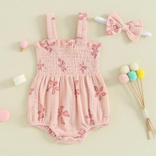 Vêtements Ensemble de bébés filles Tenues d'été Sweet Romper Bandif Pink Sans manche floral avec bandeau 2 pièces pour 0 à 18 mois