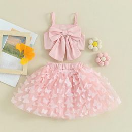 Ensembles de vêtements pour bébés filles, ensemble d'été, bretelles Spaghetti réglables, hauts, taille élastique, jupe en maille, tenues 2 pièces pour nourrissons