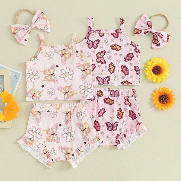 Sets de ropa Baby Girl Summer Shorts Summer Sleeveless Floral Butterfly estampado Camisole Diadema de volante 3 piezas para 0-24 meses