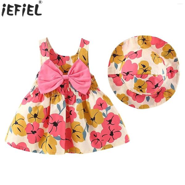 Vêtements Ensemble de bébé filles pour tout-petit robe de fleur d'été sans manches bowknot imprimé floral sécateur avec du soleil