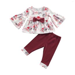 Kledingsets Babymeisjes Tweedelende kleding Set Floral Printed Pattern Flared Sleeve pullover en Wine Red Pants
