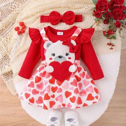 Kledingsets Baby Girls Valentine S Day Outfits Solid Color Rompers Bear Patch Heart Print Suars Suars Suspen Rokken hoofdband 3 stks herfstkleding set